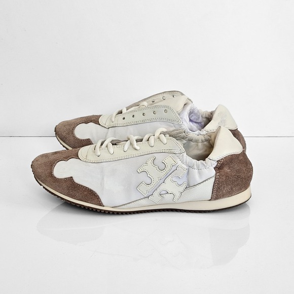 Tory Burch Cream Leather & Suede Logo Sneakers | Size US 6 | Neutral Trainer - Picture 2 of 13